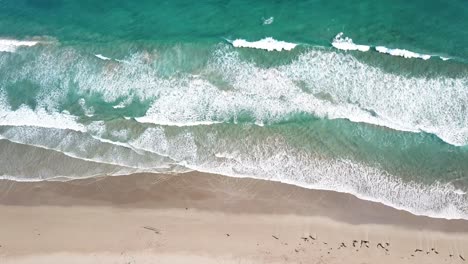 Drone-arial-over-blue-beach-with-waves-and-sandy-bay-moving-sideways-birds-eye-view