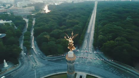 Drone-aerial-close-up-of-Berlin-Victory-Column-during-sunrise