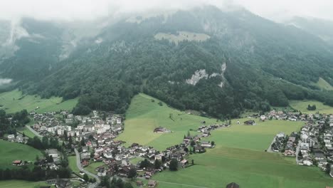 Drone-aerial-slow-pan-down-to-show-small-country-town-of-Endelberg-in-Switzerland-with-grass-and-mountains-all-around
