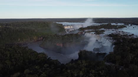 Aerial-Panorama-of-deep-rainforest-with-plants-and-Iguazu-waterfall-in-Argentina-and-Brazil