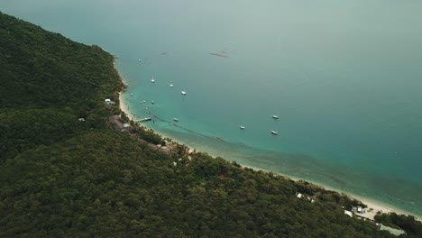 Drone-aerial-of-fitzroy-island-resort-and-tropical-blue-water-island-pan-down