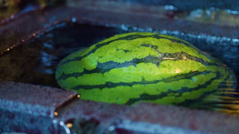 Nahaufnahme-Der-Japanischen-Wassermelonenkühlung-Im-Natürlichen-Kalten-Wasser-Des-Fließenden-Stroms