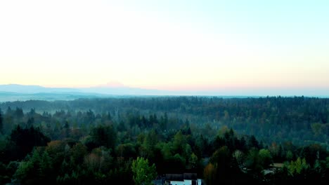 Drone-Rising-High-Revealing-Majestic-Foggy-Forest-View,-Renton-Residential-Houses,-Washington