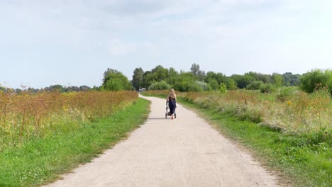Pelo-Largo-Y-Rubio-Madre-Caminando-Cochecito-De-Bebé-En-Ventoso-Camino-Rural-De-Letonia