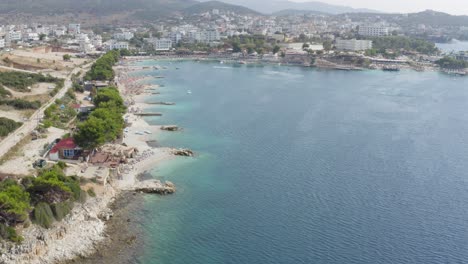Mediterranean-Ocean-and-beaches-in-Ksamil-Albania,-Summer-Drone-Aerial