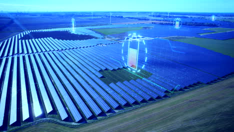 Blauer-Farbeffekt-Der-Solarpanel-Farm-Mit-Aufladender-Batteriestandsbewegungsgrafik-Auf-Dem-Feld-Im-Freien-Bei-Sonne---Futuristisches-Konzept-Mit-Digitaler-Grafik,-Technologischem-Konzept