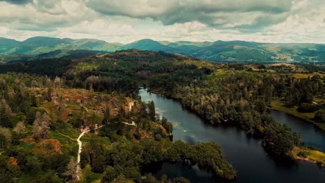 Drone-footage-of-Tarn-Hows-Lake-District-National-Park-England-uk-on-a-beautiful-sunny-summer-day