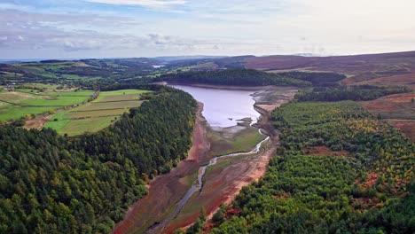 Aerial-footage-flying-low-over-Yorkshire-reservoir-during-summer-drought