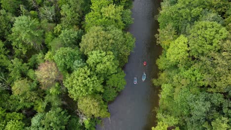 A-descending-aerial-view-of-people-rafting-on-a-river-bordered-by-the-forest