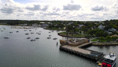 Mayflower-replica-harbored-in-Massachusetts,-drone-shot