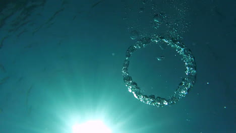 Underwater-footage-of-torus-shaped-air-bubble-rings-in-bright-blue-tropical-sea-with-sunshine-penetrating-crystal-clear-water