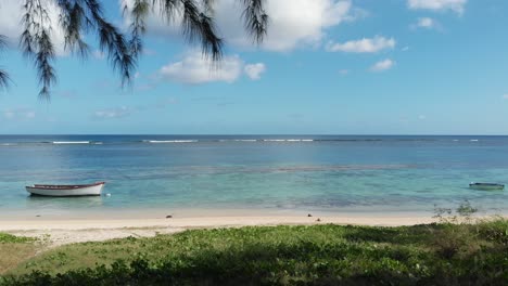 4k-Glatter-Anflug-Zum-Strand-Mit-Palme-Im-Rahmen-Und-Weißem-Ruderboot-Auf-Klarem-Blauem-Wasser-In-Balaclava-Mauritius