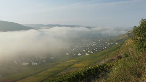Weinberg-Auf-Steilen-Hügeln-über-Einem-Fluss-Im-Herbst-Nach-Sonnenaufgang-Mit-Nebel-über-Einem-Tal-Mit-Einem-Dorf