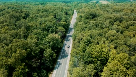 Wide-shot-aerial-drone-footage-tracking-a-sedan-car-cruising-on-an-empty-road-surrounded-by-a-beautiful-large-forest