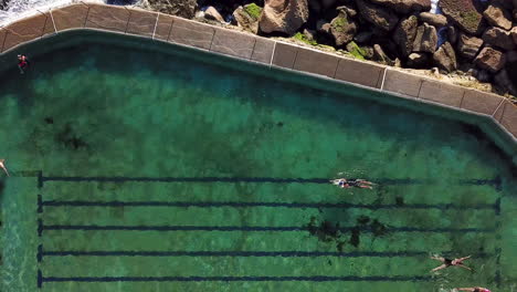 Close-up-Aerial-footage-of-Bronte-sea-baths-top-down-following-swimmers-in-beautiful-crystal-clear-turquoise-sea-water