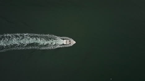 Top-down-aerial-footage-following-a-small-speedboat-cruising-on-deep-blue-calm-water