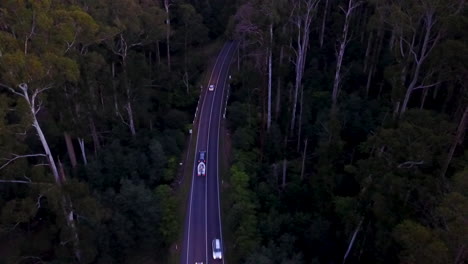 Aerial-footage-of-dark-forest-road-with-many-cars-at-dusk