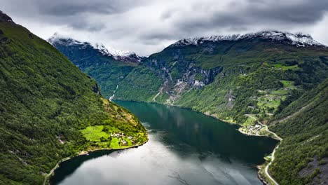 Aerial-view-of-Geiranger-town-and-Geiranger-Fjord