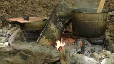 Cooking-in-the-nature-on-the-campfire,-during-Italian-summer-holidays---Ferragosto