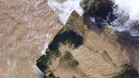 Weiße-Wellen-Rollen-Auf-Mit-Algen-Bedeckten-Horizontal-Gebetteten-Sedimentgesteinen-Ozeanfelsen-Luftaufnahme-Schwenken-Vom-Unteren-Bildschirmrand-Turimetta-Beach-Sydney-Australien