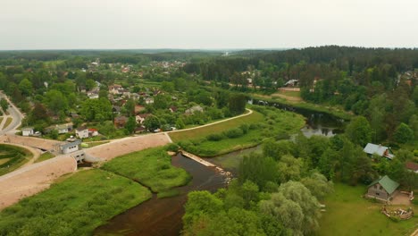 Aerial-footage-of-a-rural-small-town-of-Ogre-in-Latvia