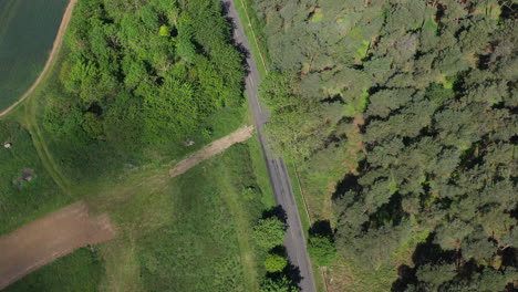 Aerial-shot-flying-over-a-forest-with-a-road-running-alongside