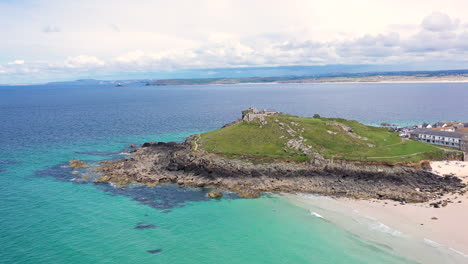 Aerial-drone-view-of-the-island-st-ives-in-cornwall