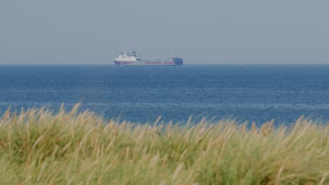 Frachtschiff-Bewegt-Sich-Von-Rechts-Nach-Links-Am-Horizont-Mit-Gras-Im-Vordergrund