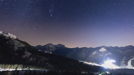 All-night-timelapse-of-the-night-sky-and-the-valley-near-San-Vigilio,-Northern-Italy