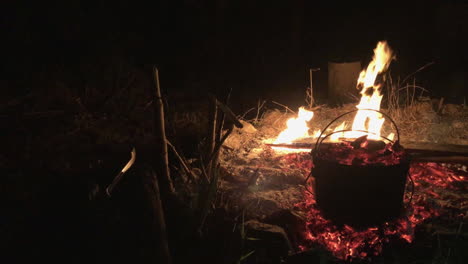 Feuerringkochen,-Heiße-Kohlen-Auf-Lagerofen,-Flammen,-Handfackellicht