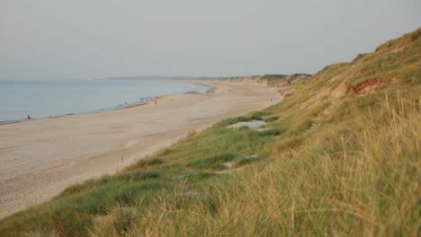 Malerischer-Blick-über-Den-Strand,-Der-Von-Rechts-Nach-Links-Schwenkt,-Verschiebt-Den-Fokus-Vom-Gras-Auf-Den-Strand