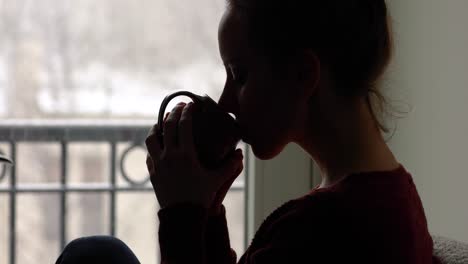 Young-woman-sips-and-savors-hot-beverage-inside-warm,-comfortable-home-while-watching-snowflakes-fall-outside