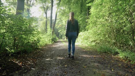 Following-young-woman-walking-nature-path-on-bright-day,-tracking
