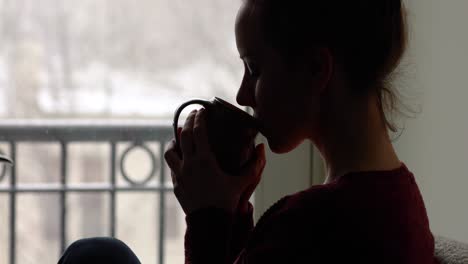 Young-woman-sips-and-hugs-hot-beverage-inside-warm-home-while-watching-snowflakes-fall-outside
