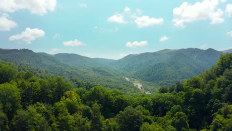 Aerial-fly-over-view-of-dense-green-forested-mountains-in-Kakheti-region-in-Georgia