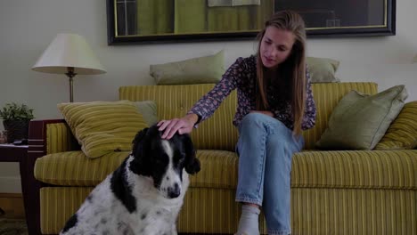 Young-attractive-woman-sitting-on-a-couch-in-a-classically-furnished-house-petting-a-black-and-white-dog,-slow-motion