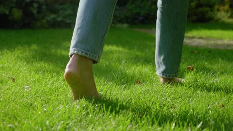 Female-feet-walking-on-bright-green-lawn-grass,-low-angle