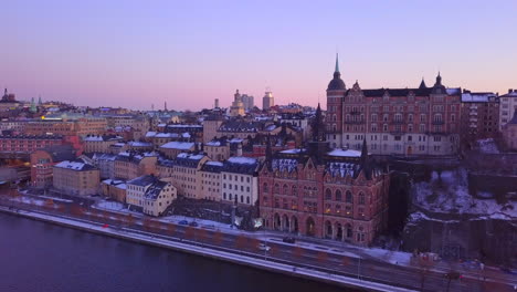 Stockholm-south-island-drone-pull-away-view-at-evening-time
