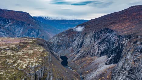 Magnificent-view-of-Mabodalen-valley-and-Voringfosses-waterfall-in-Norway