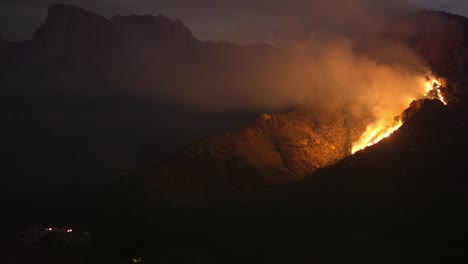 Concepto-De-Desastres-Naturales,-Fuego-Salvaje-Y-Humo-En-Las-Colinas-Por-La-Noche,-Vista-Estática