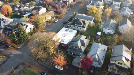 Drone-shot-over-residential-neighborhood-in-Portland-in-fall