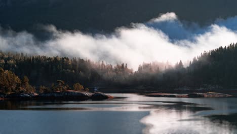 Der-Morgendliche-Nebel,-Der-über-Den-Wald-Und-Den-Fluss-Rollt