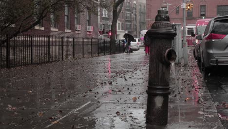 Fire-hydrant-spilling-water-on-a-Brooklyn-sidewalk-on-a-snowy,-rainy,-cloudy-winter-day---Medium-close-up-shot