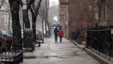 Couple-with-umbrella-walking-down-Brooklyn-Street-block-under-snowfall-in-New-York---Long-Medium-shot
