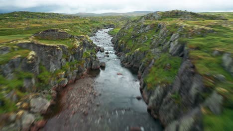 A-proud-mountain-eagle-is-flying-over-a-winding-river-in-Hardangervidda-national-park,-gracefully-going-up,-catching-the-air-stream,-and-descending