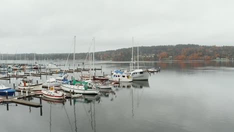 Boats-in-the-marina-of-calm-lake-on-a-cloudy-day-in-Washington,-USA