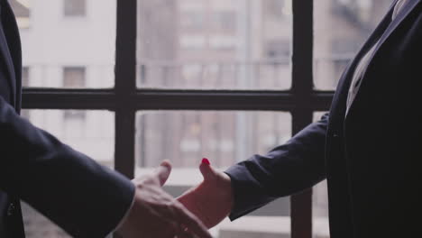 Two-business-professionals-shake-hands-in-front-of-a-window