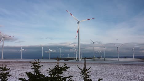 Ascending-aerial-shot-of-fir-trees-and-wind-turbines-farm-in-background-on-snowy-winter-day-during-Christmas-time