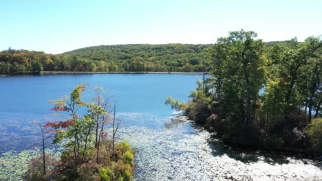 Majestic-lake-and-forestry-area-in-Harriman-State-Park,-aerial-view