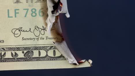 Close-up-of-USA-20-dollar-bill-burning-up,-market-collapse-concept